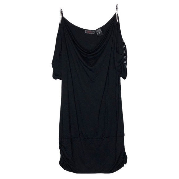 Licorice - Black Rhinestone Strap Cold Shoulder KnitTunic - Juniors Size Small - Picture 1 of 5